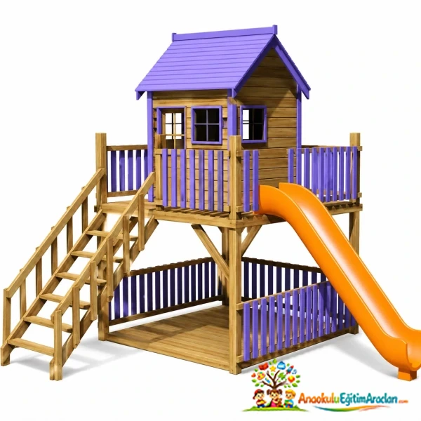 Ahşap Platformlu Kaydıraklı Çocuk Oyun Evi (Kule Model)