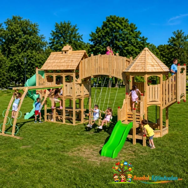 Büyük Ahşap Çocuk Oyun Parkı (Köprülü ve Salıncaklı Model)