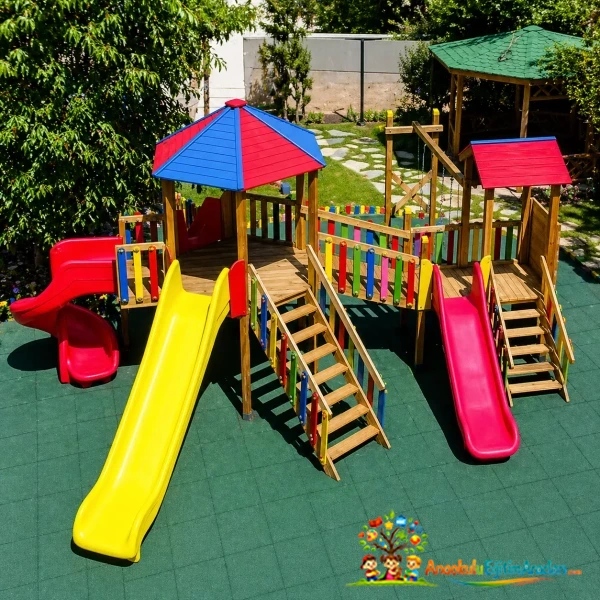 Çok Kuleli Çift Kaydıraklı Ahşap Çocuk Oyun Parkı