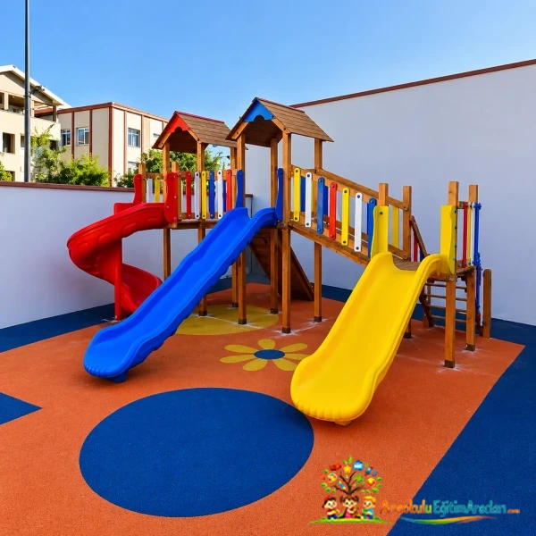 Renkli Kaydıraklı Ahşap Çocuk Oyun Parkı (Kreş & Anaokulu)