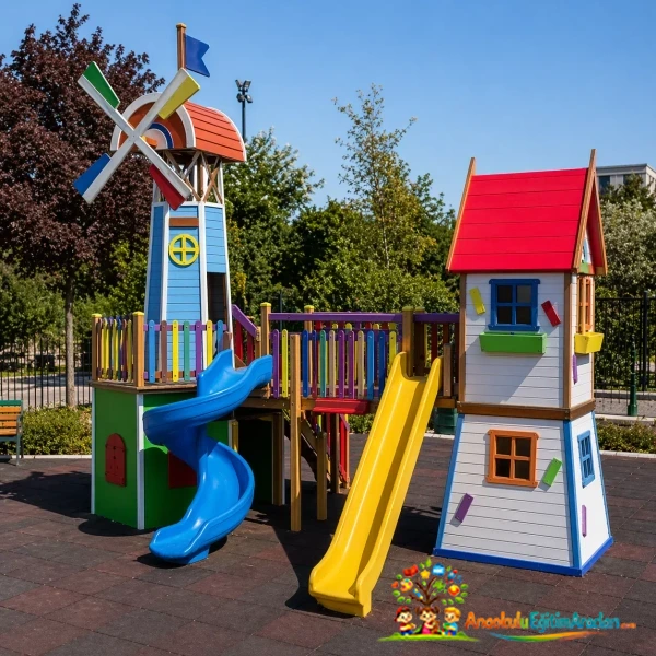 Temalı Ahşap Çocuk Oyun Parkı (Kuleli Kaydıraklı Model)