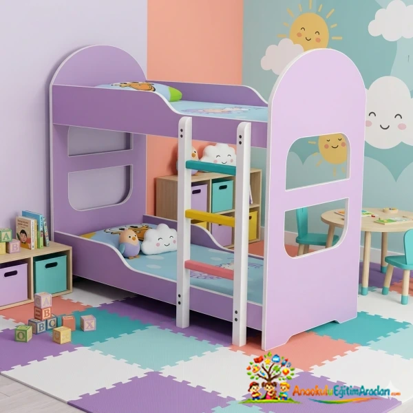 Renkli Ahşap Çift Katlı Çocuk Ranzası 120x60x150 cm