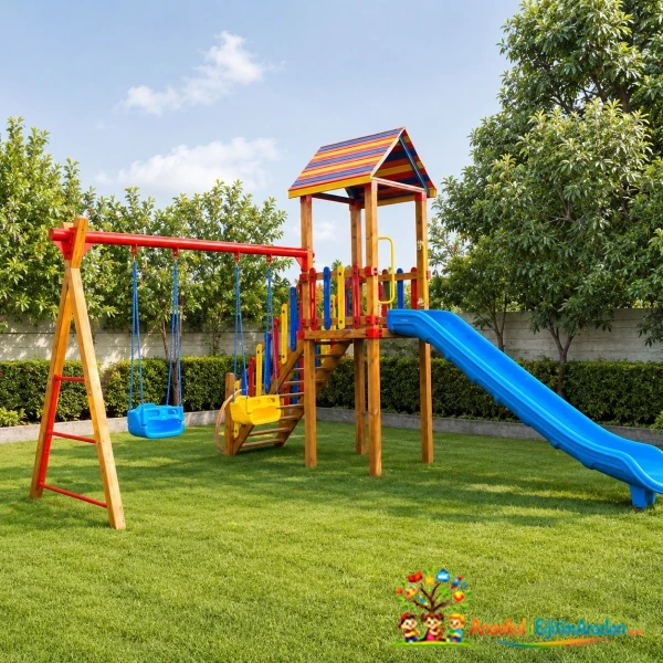 Salıncaklı Ahşap Çocuk Oyun Parkı – Anaokulu Bahçe Oyun Grubu