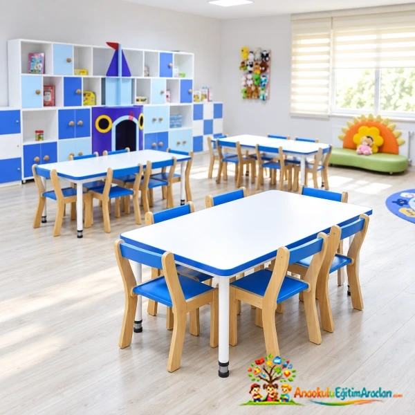 Tekerlekli Anaokulu Masası 70×140×54 cm – MDF Tabla Metal Profil Ayak TMK-826